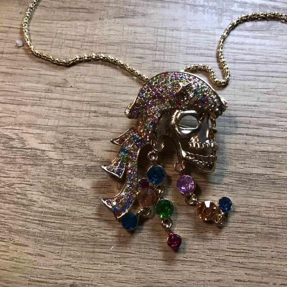 Betsy Johnson Gold Rhinestone Multicolor Crystal Pirate Skull Pendant Necklace